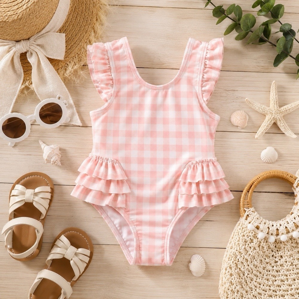 Tucker + Tate Pink white gingham ruffle swimsuit baby girl One Piece sz 6 months